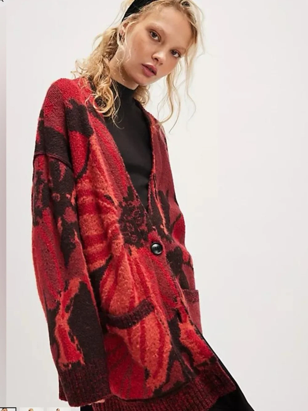 Free People State Side Oversized Button Cardigan Red Combo Floral Small NWT✅
